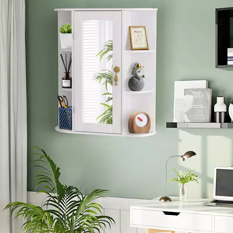 Meuble de rangement de salle de bain VECELO avec miroir, armoire à pharmacie murale avec porte et 6 étagères ouvertes, étagère intérieure réglable, blanc