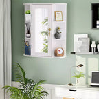 Meuble de rangement de salle de bain VECELO avec miroir, armoire à pharmacie murale avec porte et 6 étagères ouvertes, étagère intérieure réglable, blanc