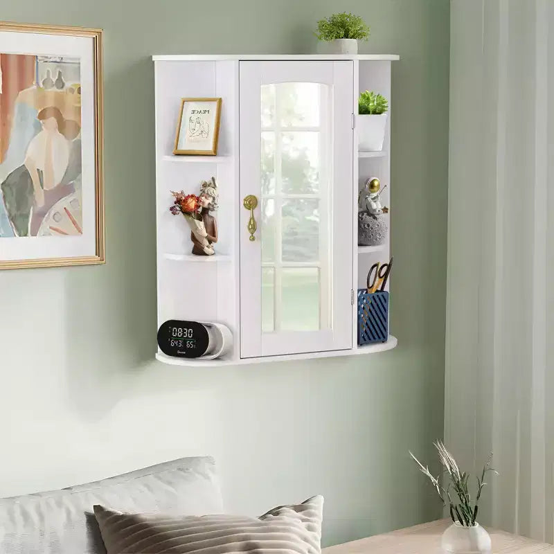 Meuble de rangement de salle de bain VECELO avec miroir, armoire à pharmacie murale avec porte et 6 étagères ouvertes, étagère intérieure réglable, blanc