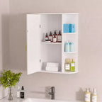 Meuble de rangement de salle de bain VECELO avec miroir, armoire à pharmacie murale avec porte et 6 étagères ouvertes, étagère intérieure réglable, blanc