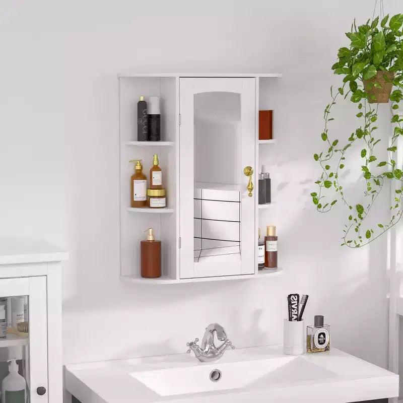 Meuble de rangement de salle de bain VECELO avec miroir, armoire à pharmacie murale avec porte et 6 étagères ouvertes, étagère intérieure réglable, blanc
