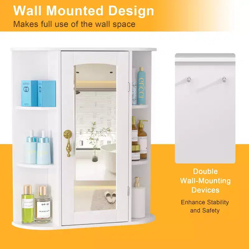 Meuble de rangement de salle de bain VECELO avec miroir, armoire à pharmacie murale avec porte et 6 étagères ouvertes, étagère intérieure réglable, blanc