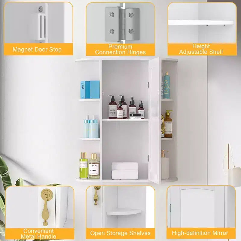 Meuble de rangement de salle de bain VECELO avec miroir, armoire à pharmacie murale avec porte et 6 étagères ouvertes, étagère intérieure réglable, blanc