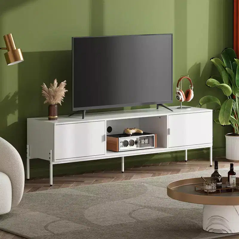 Meuble TV Meuble de Divertissement Moderne avec Étagère Ouverte et 2 Placards pour Chambre à Coucher et Salon
