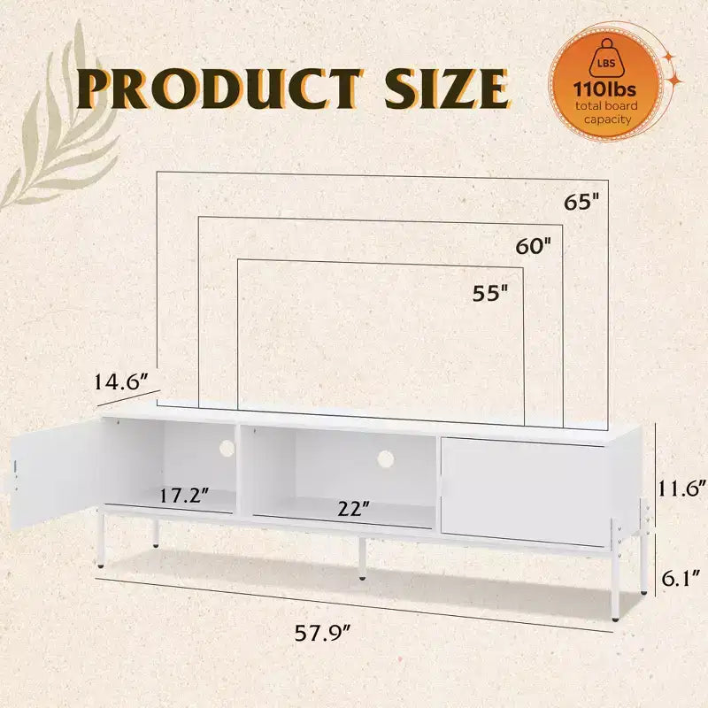 Meuble TV Meuble de Divertissement Moderne avec Étagère Ouverte et 2 Placards pour Chambre à Coucher et Salon