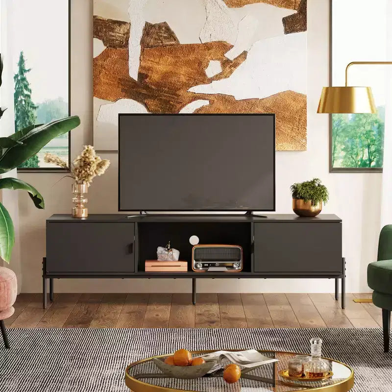Meuble TV Meuble de Divertissement Moderne avec Étagère Ouverte et 2 Placards pour Chambre à Coucher et Salon
