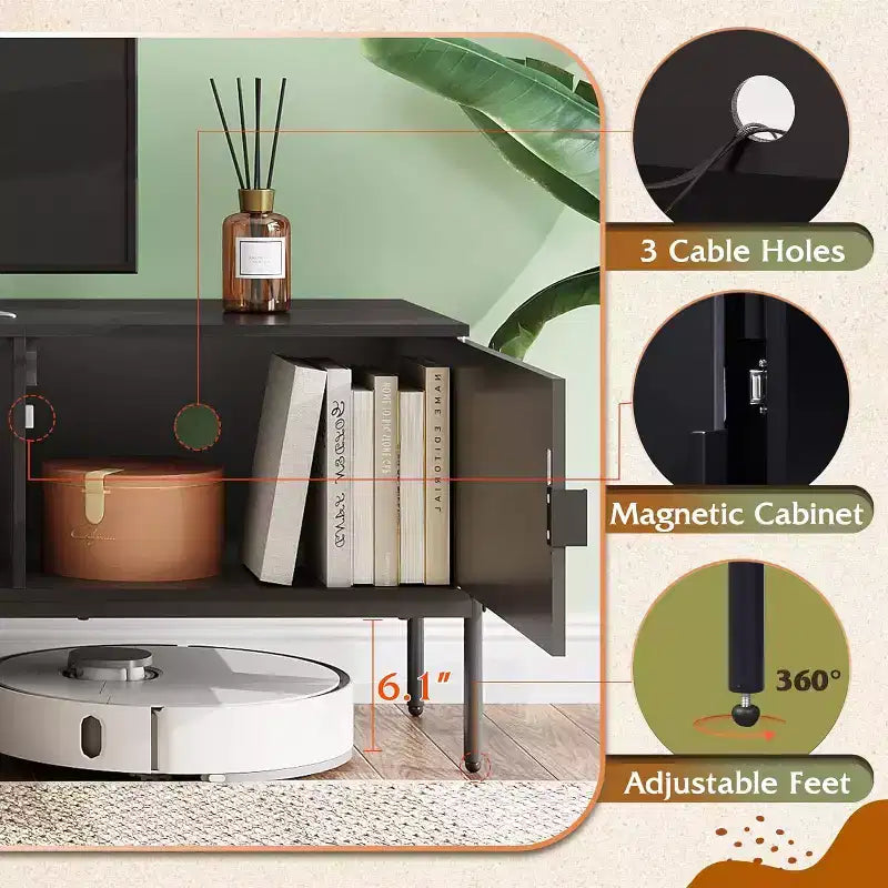 Meuble TV Meuble de Divertissement Moderne avec Étagère Ouverte et 2 Placards pour Chambre à Coucher et Salon