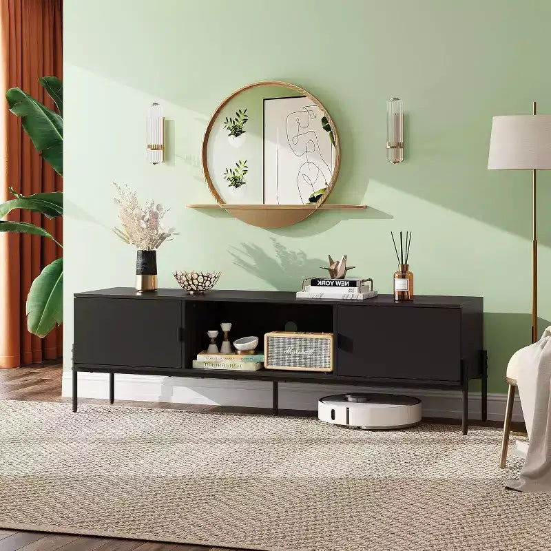 Meuble TV Meuble de Divertissement Moderne avec Étagère Ouverte et 2 Placards pour Chambre à Coucher et Salon