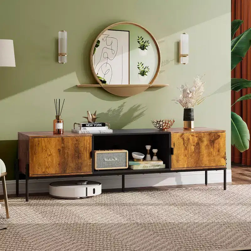 Meuble TV Meuble de Divertissement Moderne avec Étagère Ouverte et 2 Placards pour Chambre à Coucher et Salon