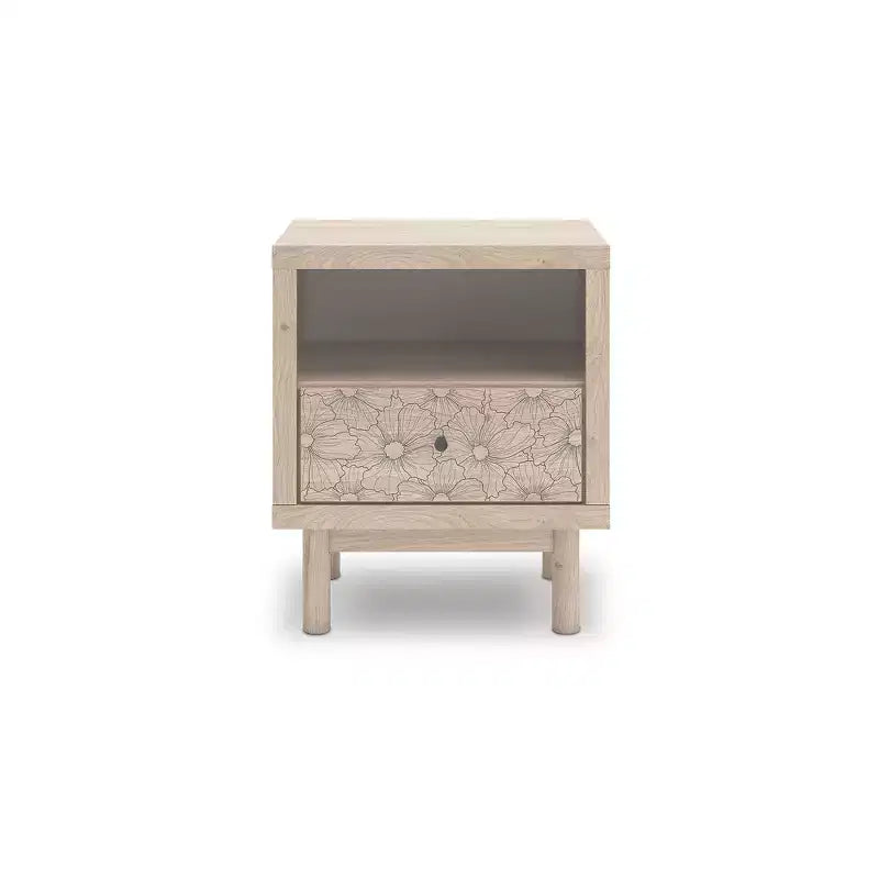 Table de Chevet Birkmore de Signature Design by Ashley avec Un Tiroir et Port de Charge USB, Finition Chêne Clair, Tiroir à Accents Floraux, Beige