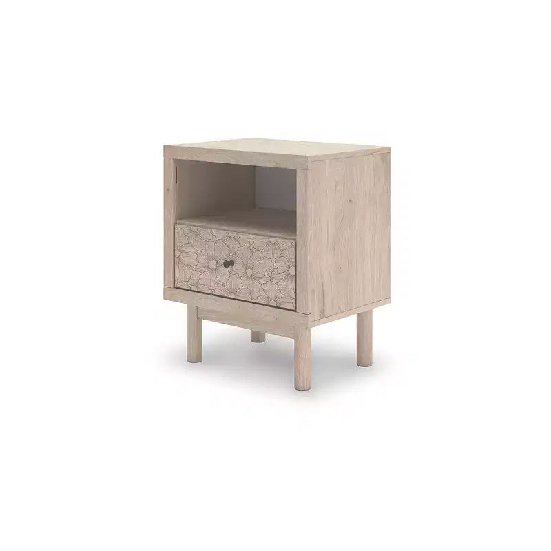 Table de Chevet Birkmore de Signature Design by Ashley avec Un Tiroir et Port de Charge USB, Finition Chêne Clair, Tiroir à Accents Floraux, Beige