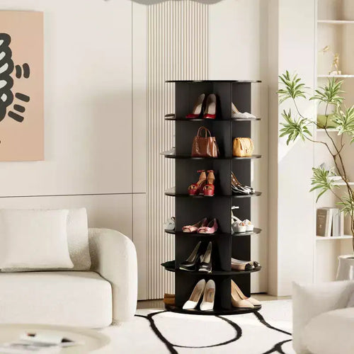 6 Tier Rotating Shoe Rack Tower, Revolving Shoe Rack Storage, Round Carousel Vertical Handbag and Shoe Organizer ,Black