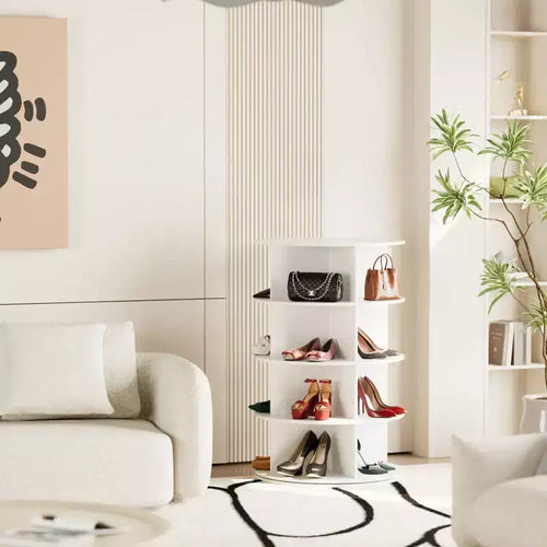 4 Tier Rotating Shoe Rack Tower, Revolving Shoe Rack Storage, Round Carousel Vertical Handbag and Shoe Organizer ,White
