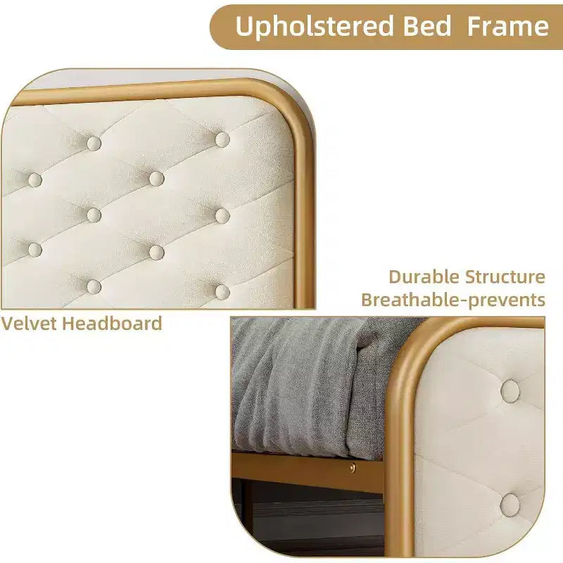 Cadre de lit plateforme capitonné en velours Acekool King Size avec tête de lit incurvée à boutons touffetés et cadre en métal doré