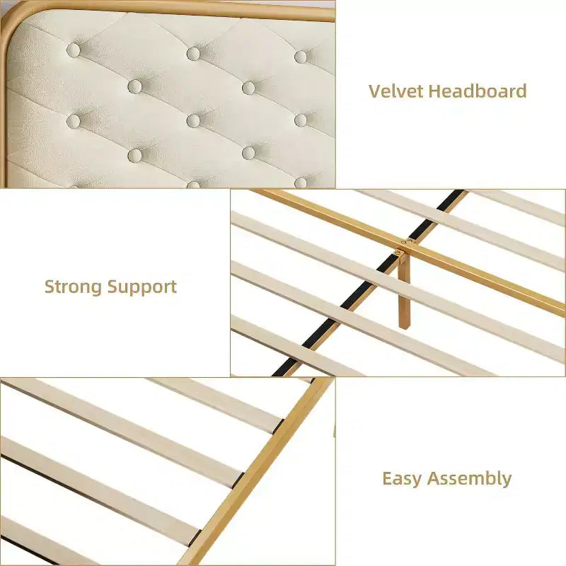 Cadre de lit plateforme capitonné en velours Acekool King Size avec tête de lit incurvée à boutons touffetés et cadre en métal doré