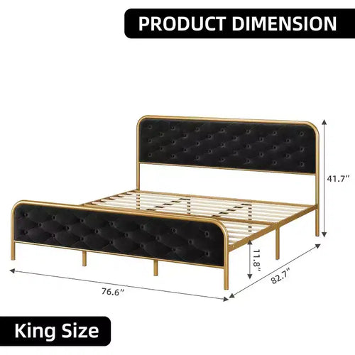 Cadre de lit plateforme capitonné en velours Acekool King Size avec tête de lit incurvée à boutons touffetés et cadre en métal doré