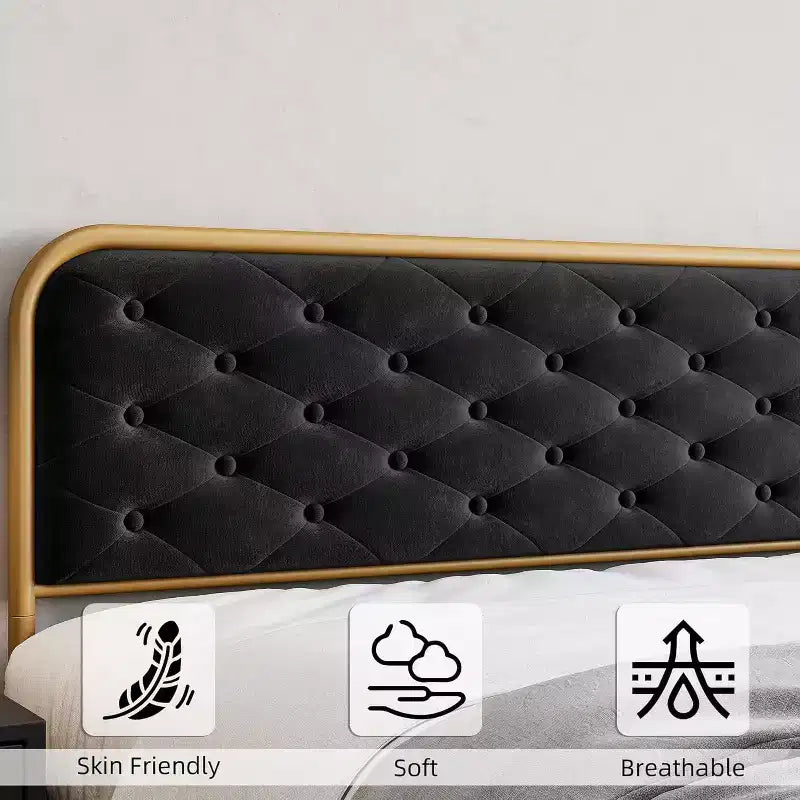 Cadre de lit plateforme capitonné en velours Acekool King Size avec tête de lit incurvée à boutons touffetés et cadre en métal doré