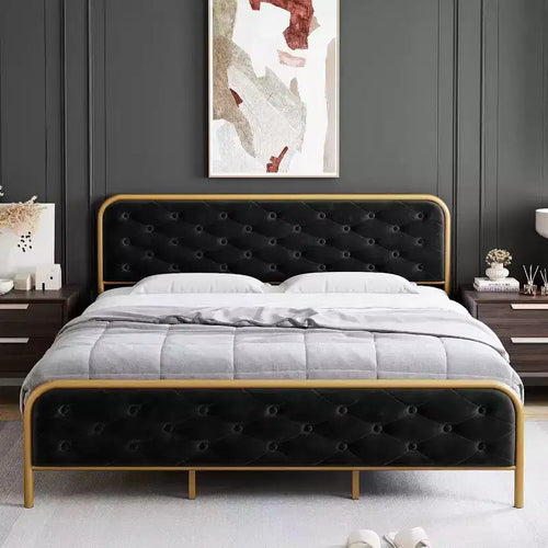 Acekool King Size Velvet Upholstered Platform Bed Frame with Button Tufted Curved Headboard & Gold Metal Frame