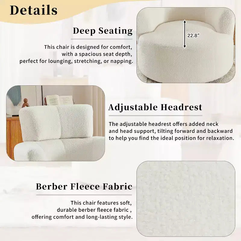 Fauteuil pivotant à 360° avec appuie-tête réglable - Fauteuil d'appoint rembourré moelleux pour salon, bureau et chambre à coucher