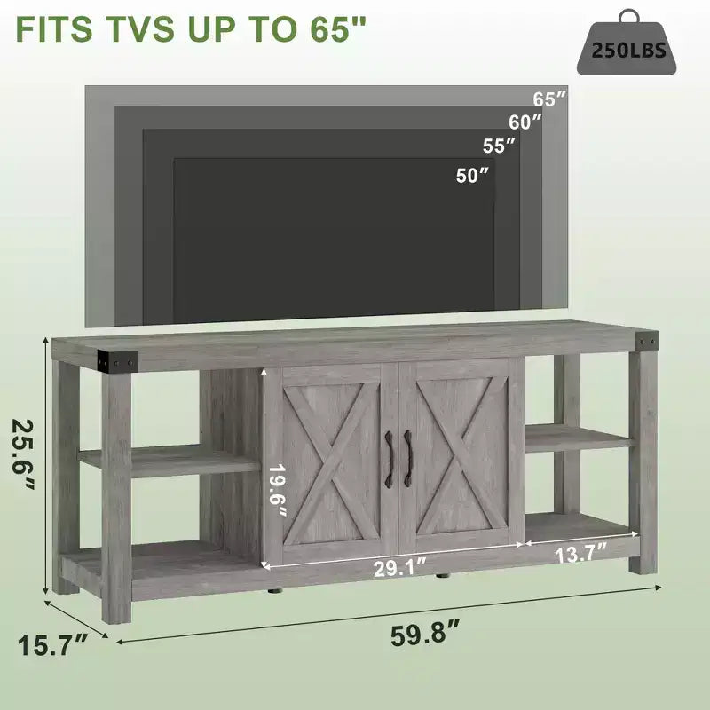 Meuble TV pour téléviseur de 65 pouces, meuble de divertissement style ferme avec rangement