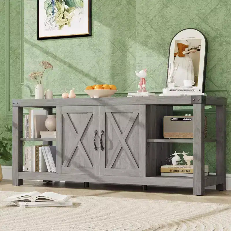 Meuble TV pour téléviseur de 65 pouces, meuble de divertissement style ferme avec rangement