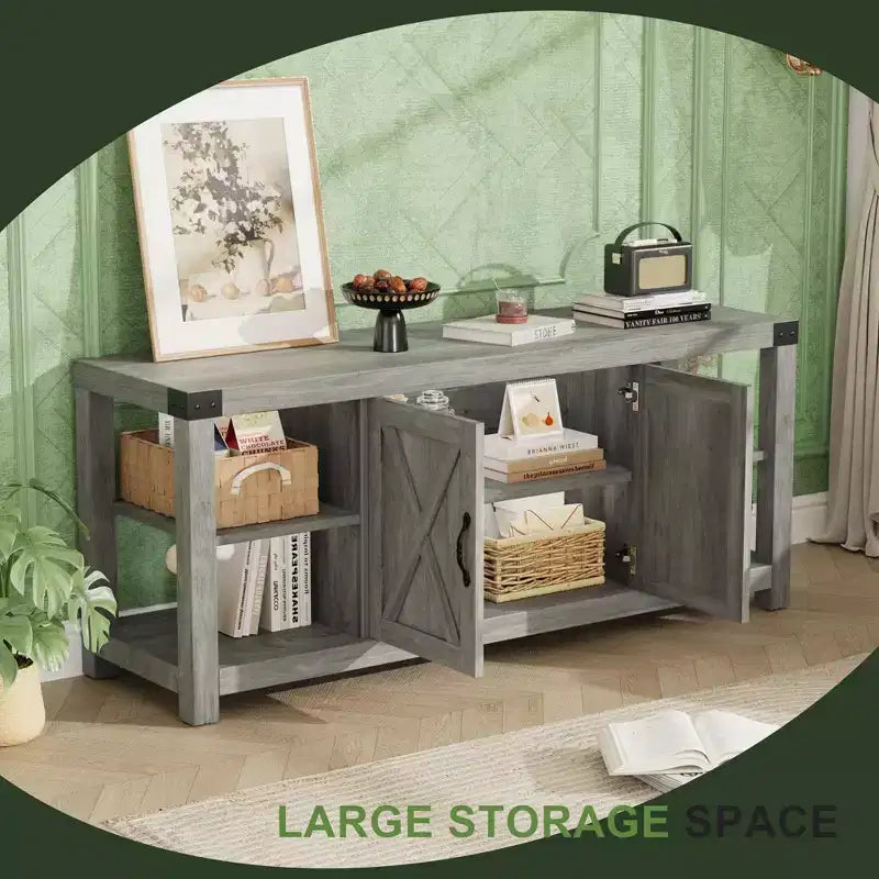 Meuble TV pour téléviseur de 65 pouces, meuble de divertissement style ferme avec rangement