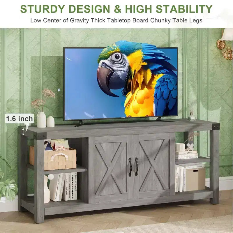 Meuble TV pour téléviseur de 65 pouces, meuble de divertissement style ferme avec rangement