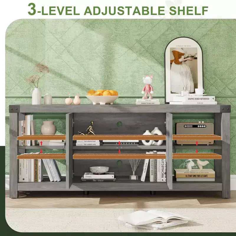 Meuble TV pour téléviseur de 65 pouces, meuble de divertissement style ferme avec rangement