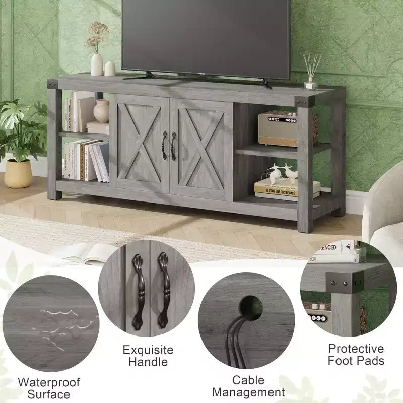 Meuble TV pour téléviseur de 65 pouces, meuble de divertissement style ferme avec rangement