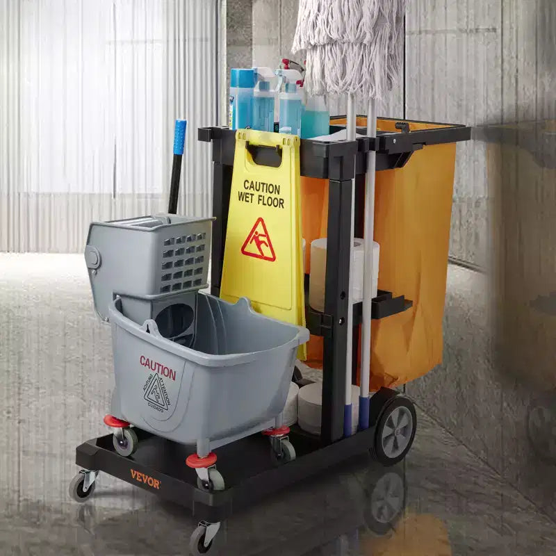 Chariot de nettoyage VEVOR, chariot de conciergerie commercial à 3 étagères, chariot de ménage en plastique d'une capacité de 90 kg, avec sac en PVC de 95 litres