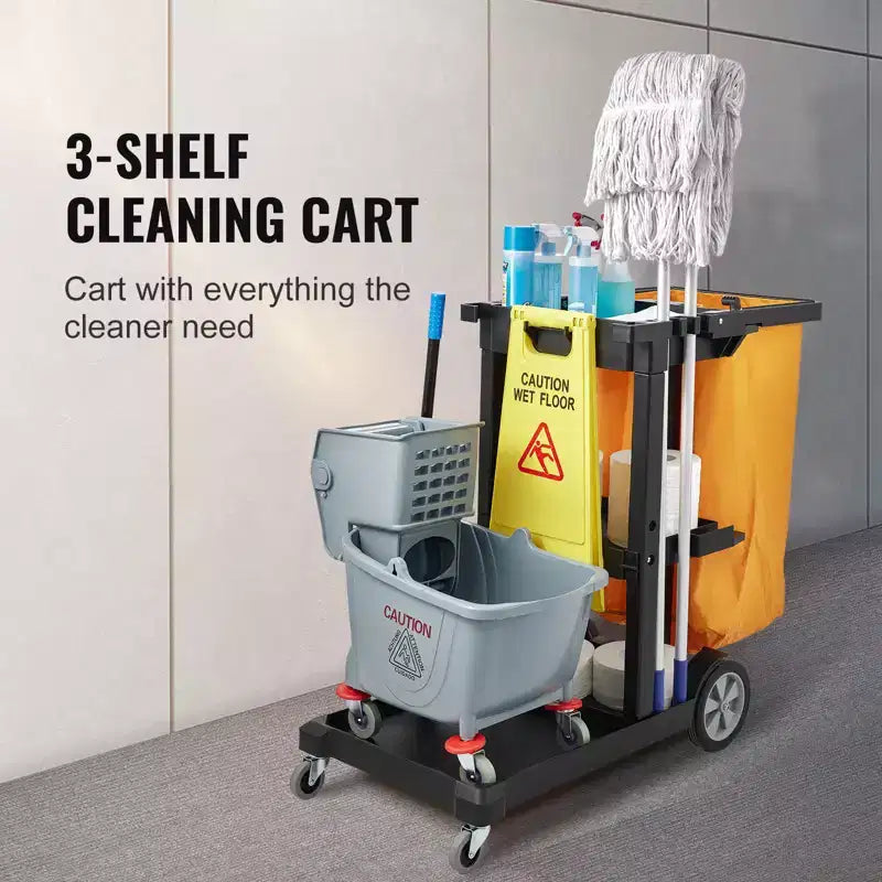 Chariot de nettoyage VEVOR, chariot de conciergerie commercial à 3 étagères, chariot de ménage en plastique d'une capacité de 90 kg, avec sac en PVC de 95 litres