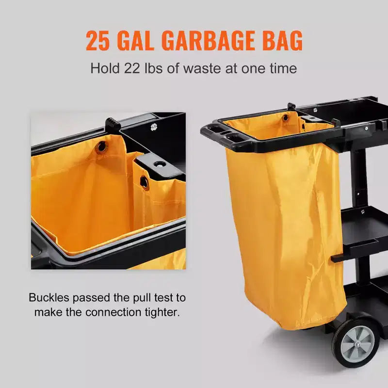 Chariot de nettoyage VEVOR, chariot de conciergerie commercial à 3 étagères, chariot de ménage en plastique d'une capacité de 90 kg, avec sac en PVC de 95 litres