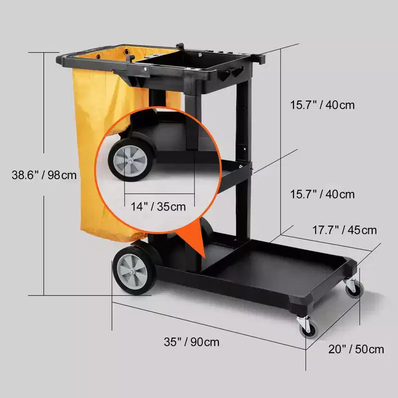 Chariot de nettoyage VEVOR, chariot de conciergerie commercial à 3 étagères, chariot de ménage en plastique d'une capacité de 90 kg, avec sac en PVC de 95 litres