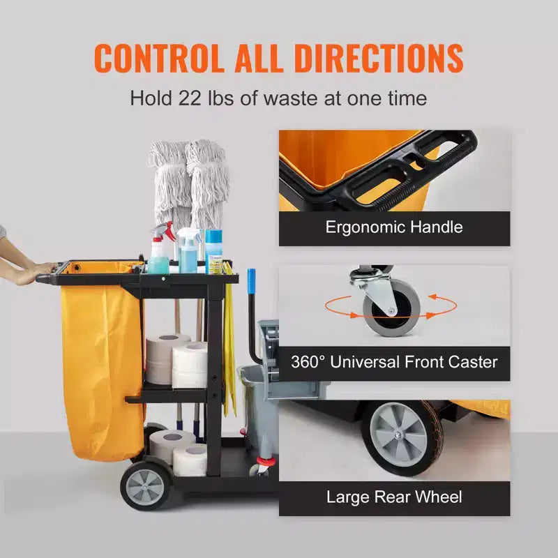 Chariot de nettoyage VEVOR, chariot de conciergerie commercial à 3 étagères, chariot de ménage en plastique d'une capacité de 90 kg, avec sac en PVC de 95 litres