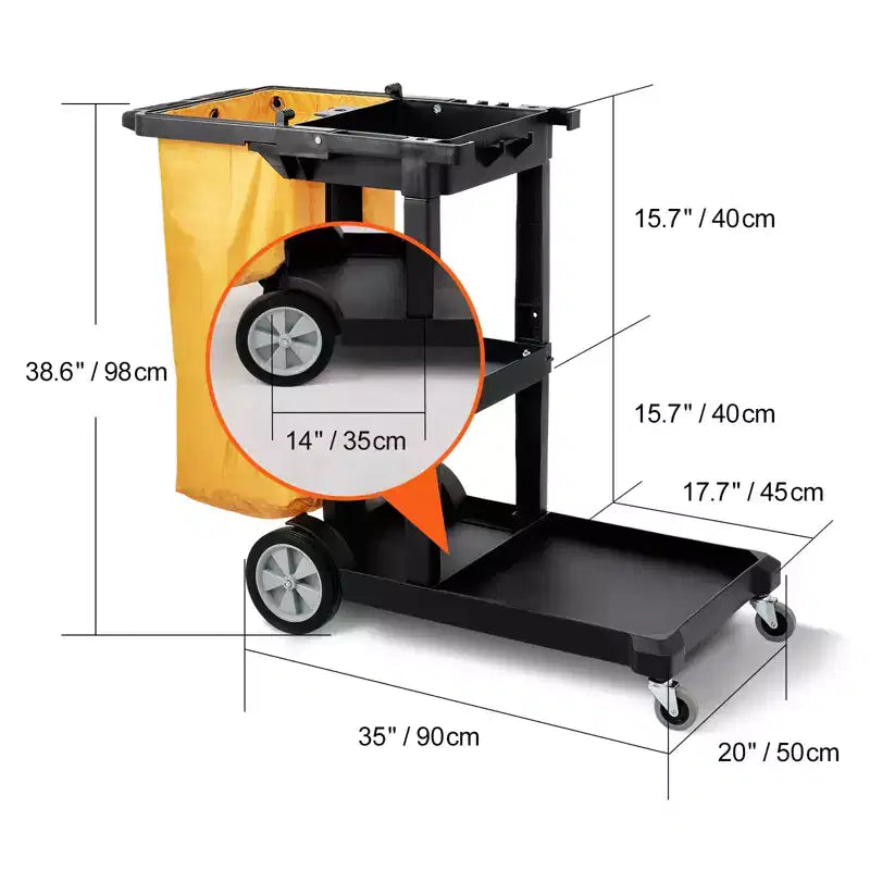 Chariot de nettoyage VEVOR, chariot de conciergerie commercial à 3 étagères, chariot de ménage en plastique d'une capacité de 90 kg, avec sac en PVC de 95 litres