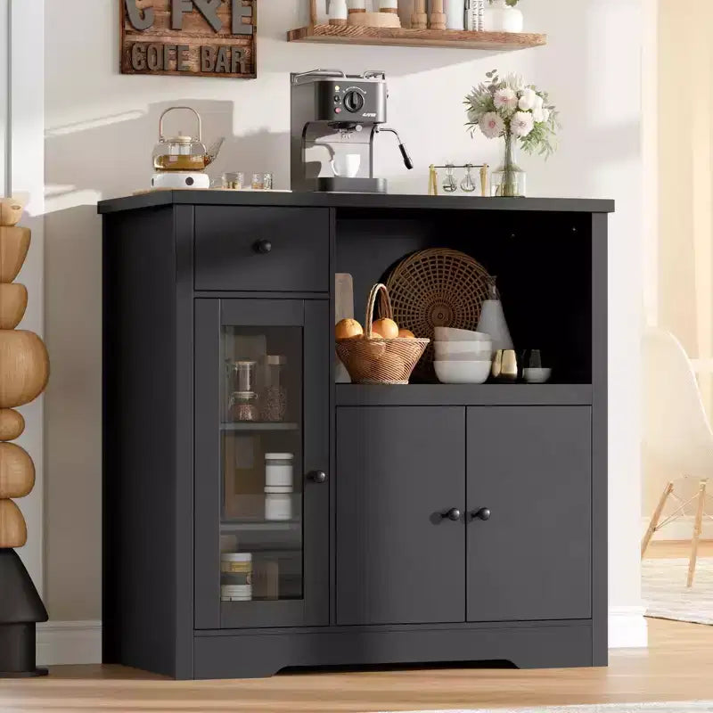 Meuble micro-ondes Whizmax, buffet moderne avec portes vitrées et étagère réglable, buffet en bois avec tiroirs de rangement et large plateau pour salle à manger/salon
