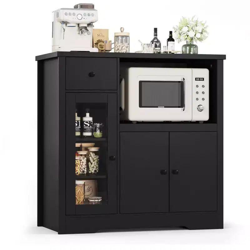 Meuble micro-ondes Whizmax, buffet moderne avec portes vitrées et étagère réglable, buffet en bois avec tiroirs de rangement et large plateau pour salle à manger/salon