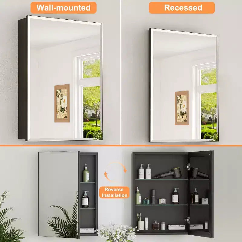Meuble de salle de bain Belle avec miroir, armoire encastrée/murale pour salle de bain, miroir à surface biseautée, étagères réglables en verre trempé, noir