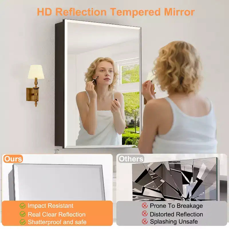 Meuble de salle de bain Belle avec miroir, armoire encastrée/murale pour salle de bain, miroir à surface biseautée, étagères réglables en verre trempé, noir