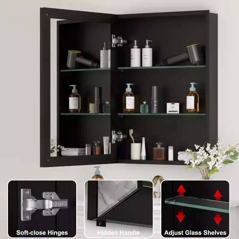 Meuble de salle de bain Belle avec miroir, armoire encastrée/murale pour salle de bain, miroir à surface biseautée, étagères réglables en verre trempé, noir