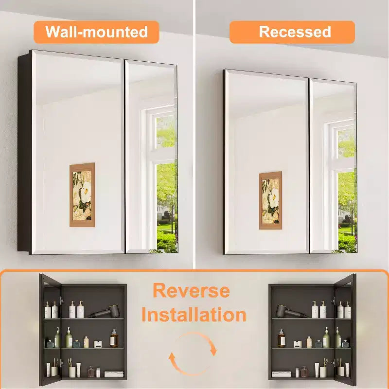Meuble de salle de bain Belle avec miroir, armoire encastrée/murale pour salle de bain, miroir à surface biseautée, étagères réglables en verre trempé, noir