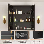 Meuble de salle de bain Belle avec miroir, armoire encastrée/murale pour salle de bain, miroir à surface biseautée, étagères réglables en verre trempé, noir