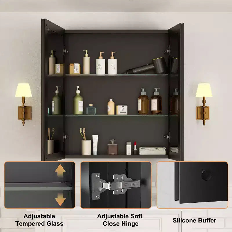 Meuble de salle de bain Belle avec miroir, armoire encastrée/murale pour salle de bain, miroir à surface biseautée, étagères réglables en verre trempé, noir