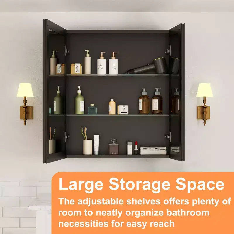 Meuble de salle de bain Belle avec miroir, armoire encastrée/murale pour salle de bain, miroir à surface biseautée, étagères réglables en verre trempé, noir