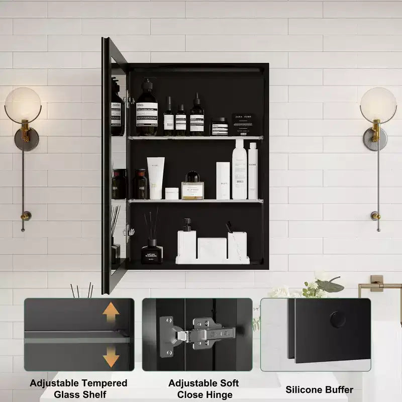 Meuble de salle de bain Belle avec miroir, armoire encastrée/murale pour salle de bain, miroir à surface biseautée, étagères réglables en verre trempé, noir