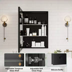 Meuble de salle de bain Belle avec miroir, armoire encastrée/murale pour salle de bain, miroir à surface biseautée, étagères réglables en verre trempé, noir
