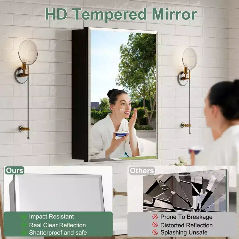 Meuble de salle de bain Belle avec miroir, armoire encastrée/murale pour salle de bain, miroir à surface biseautée, étagères réglables en verre trempé, noir