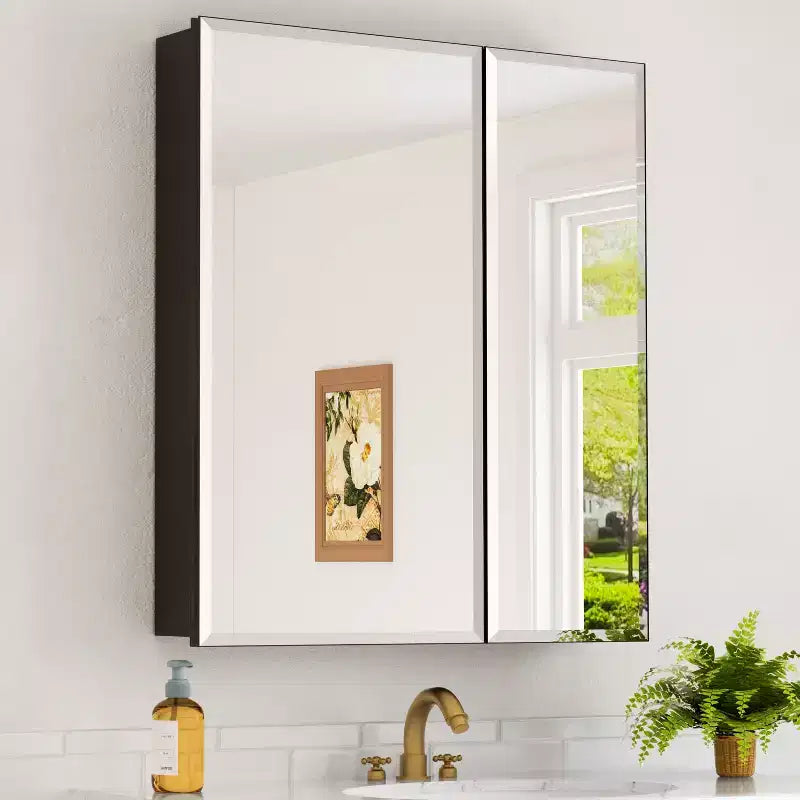 Meuble de salle de bain Belle avec miroir, armoire encastrée/murale pour salle de bain, miroir à surface biseautée, étagères réglables en verre trempé, noir