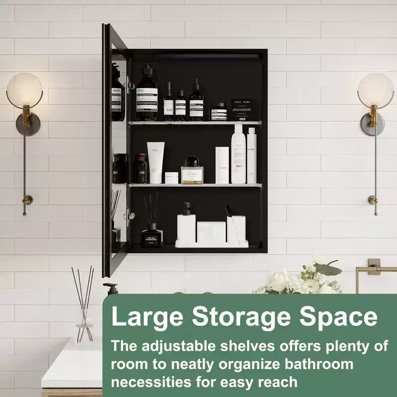 Meuble de salle de bain Belle avec miroir, armoire encastrée/murale pour salle de bain, miroir à surface biseautée, étagères réglables en verre trempé, noir