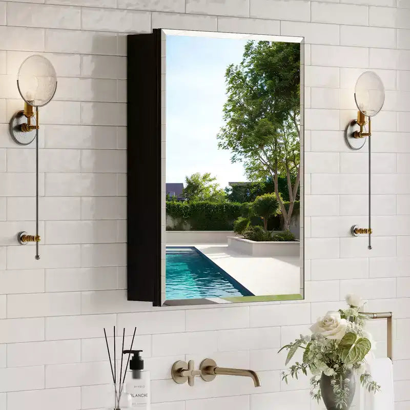 Meuble de salle de bain Belle avec miroir, armoire encastrée/murale pour salle de bain, miroir à surface biseautée, étagères réglables en verre trempé, noir